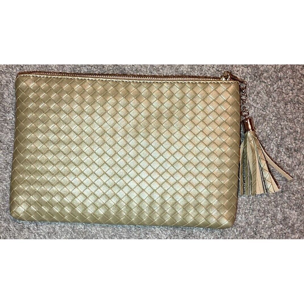 $88 NEW Virginia Wolf NYC Mimi Woven Pouch Clutch Tassel Zip Closure‎ Gold
